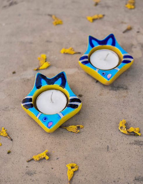 Blue Pottery T-Light Holder Set Of 2 Pcs.